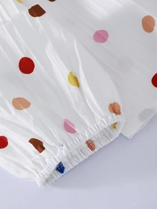 SHEIN 青少年女孩單層梭織紋理數位印花圓點優雅全開襟襯衫，荷葉領、泡泡袖設計，3D蝴蝶結裝飾，休閒風 - 白色 - 查看 8