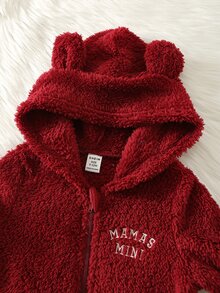 SHEIN 男嬰女嬰新生兒秋冬款可愛紅色毛絨連身衣，可愛連身衣，秋冬連身衣，嬰兒連身衣 - 彩色 - 查看 3