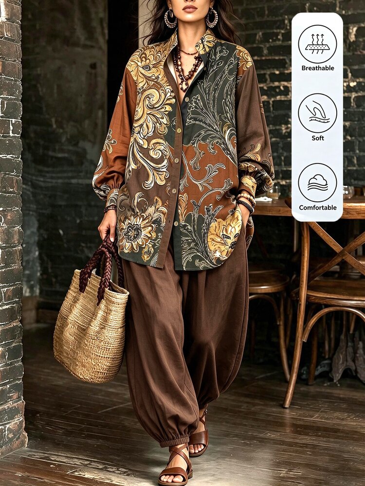 LanaWest Spring/Autumn Bohemian Patchwork Printed Single-Breasted Shirt And Draped Faux Linen Cuffed Wide-Leg Pants Vacation Set - Brown - View 3