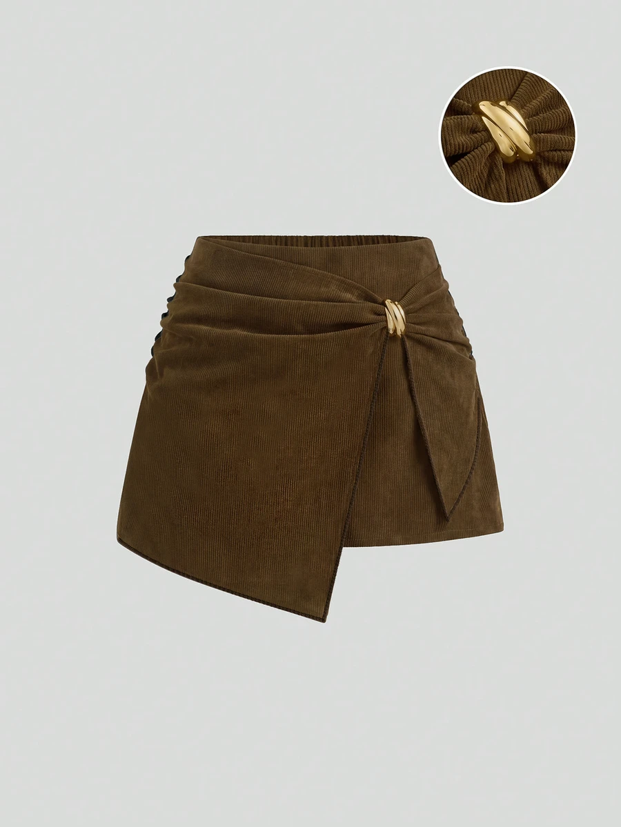 Sweetra Plus Size Women's Fashionable High Waist Slimming Knotted Asymmetrical Skort - Brown - View 1