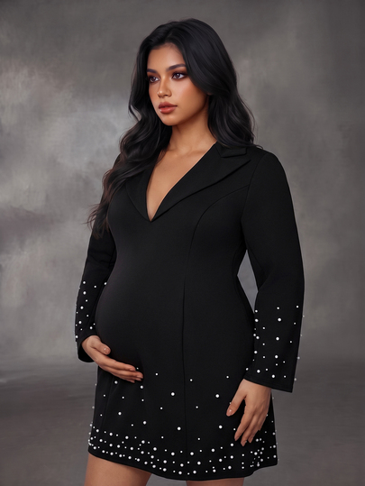 Cheriluna Maternity Robe de maternité grande taille élégante pour le travail, avec décoration de perles, manches longues, col à revers, ourlet trapèze, en tissu tricot noir, pour l'automne