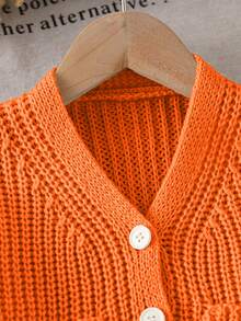 SHEIN 1pc Baby Girls' V-Neck Sweater,Light Beige,Autumn,Cute,Family Matching Knit Cardigan Jacket With Symmetrical Pockets,Ruffle Hem,Ribbed Cuffs,Soft Knit - Orange - View 6