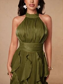 Silquee 女款粉色抓皺修身優雅長版派對洋裝，多層抓皺修身長洋裝，細肩帶洋裝，優雅女式正式禮服，適合 D - 綠色 - 查看 4