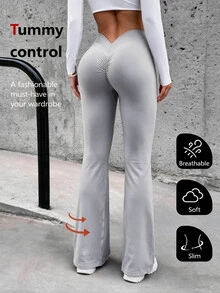 SHEIN Sports 女款素色高腰抓皺顯臀喇叭腿緊身褲 - 淺灰色 - 查看 1