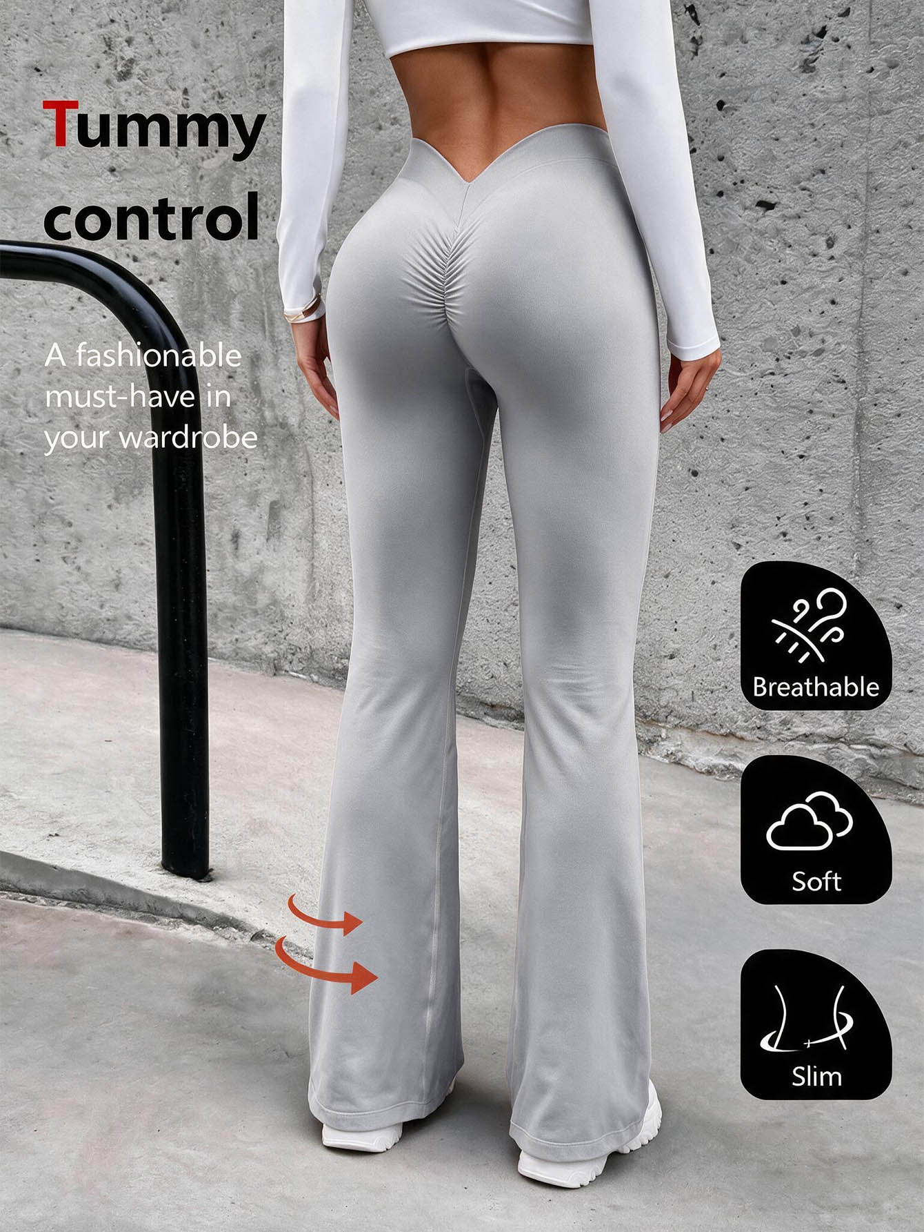 SHEIN Sports 女款素色高腰抓皺顯臀喇叭腿緊身褲 - 淺灰色 - 查看 1