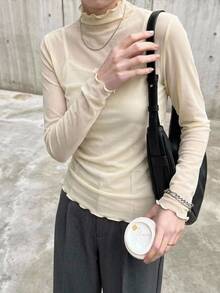 FRIFUL 女款純色立領修身透視網紗長袖上衣 - 米色 - 查看 6