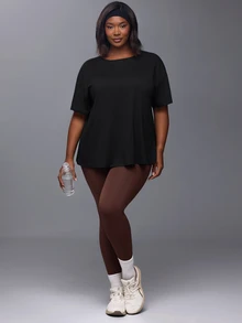 Voyena Women's Plus Size Solid Color Round Neck Short Sleeve Back Cutout Design Sports T-Shirt - Black - View 3