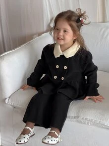 DAZY Infant (Girl) Contrast Color Lapel Long Sleeve Autumn/Winter Sweater Set - Black - View 1