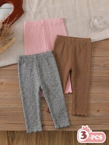 SHEIN Vintaside Kids 3件組女嬰褲 桃紅與白色條紋 秋季休閒度假款 夏季純色棉質褲 簡約甜美風 直筒寬鬆版型 - 彩色 - 查看 3