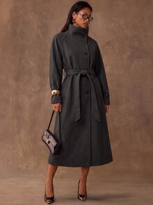 SHEIN BAE Elegant Fashion Button Pocket Long Sleeve Overcoat For Commute - Black - View 1