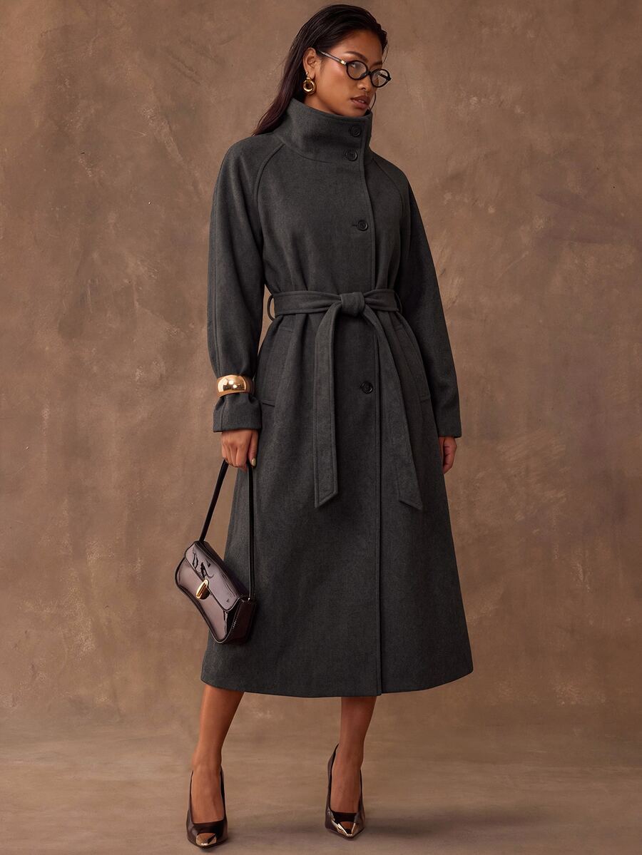 SHEIN BAE Elegant Fashion Button Pocket Long Sleeve Overcoat For Commute - Black - View 1