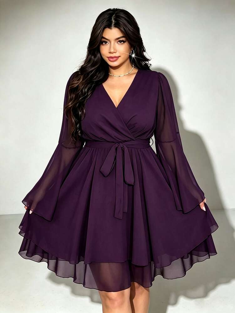 Viva Relle Plus Size Wine Red Chiffon Elegant And Gentle V-Neck Waist Cinched A-Line Short Dress, Suitable For All Seasons, Elegant Commuting And Dating - Purple Wisdom - View 5