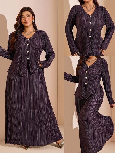 Comfylo Plus Size Women 2pcs Set V-Neck Long Sleeve Cinched Waist Top With Elastic Waist Long Skirt, Fashionable Eye-Catching Outfit For Party, Gathering And Daily Wear