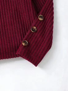 Elladie kids 少女美式學院風服飾套裝，紋理長袖T恤上衣與配套鈕扣裙 2件套搭配組合 - 酒紅色 - 查看 7