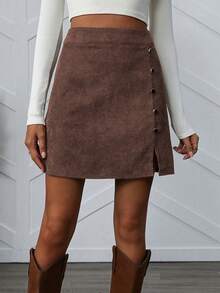 SHEIN LUNE Women's Solid Color Elegant Skirts With Side Buttons And Slit Hem (2-Pack) - Multicolor - View 3