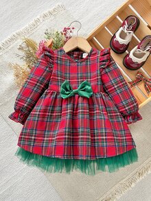 Cozy Pixies Baby Girl Woven Plaid Round Neck 3D Bow Ruffle Trim Mesh Patchwork Casual Dress - Multicolor - View 4