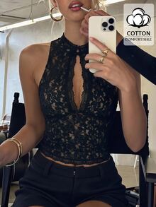 Opulessa Spring/Summer Vacation Solid Color Knit Lace Women's Top - Black - View 7