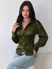 Firerie 女款長袖襯衫，後腰收腰設計，日常通勤、夜生活、度假襯衫，春夏秋冬四季穿著，優雅性感 - 軍綠色 - 查看 5