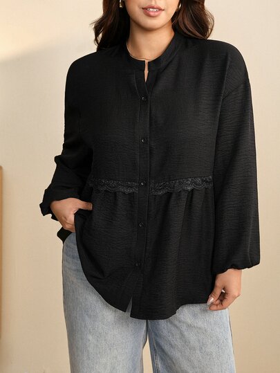 Edennvi Plus Size Spring/Autumn Casual Loose Daily Versatile Drop Shoulder Contrast Lace Trim Ruched Cardigan Shirt