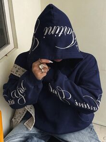 Muchica 海軍藍大尺碼女款字母刺繡長袖休閒運動衫（附口袋）－適合秋季約會與早午餐 - 藏蓝色 - 查看 3