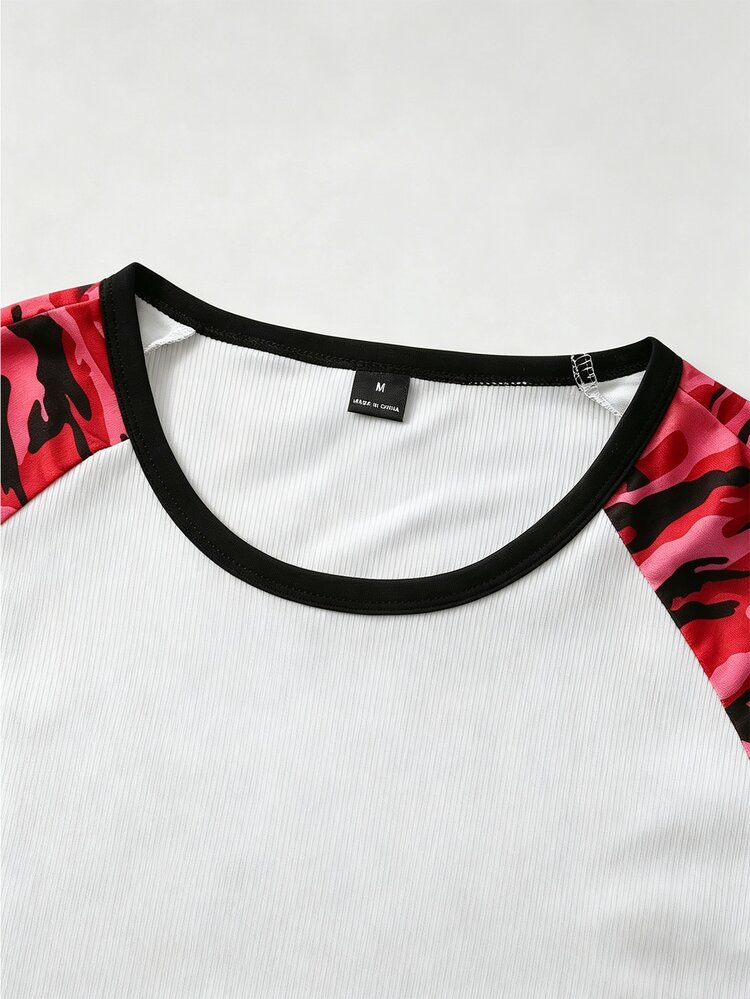 PAVTROS Pavtos Men's Street Sports Style, Fashion Casual Long Sleeve T-Shirt, Camouflage Loose Fit Crew Neck T-Shirt, Vintage, Street, Unisex, Couple Outfit, Jersey Mix Streetwear, Music Festival, Skateboard Park, Citywalk Photo-Worthy, Unisex, Holiday Gift, Boyfriend Gift - Red - View 4