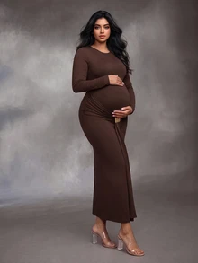 SHEIN Brown Slim Fit Flattering Ruched Twist Metal Buckle Long Sleeve Maternity Plus Size Dress For Party And Gathering - Brown - View 4