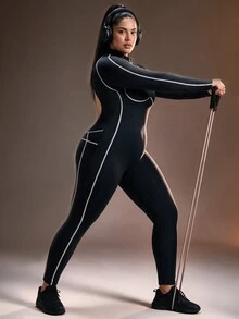 Powerista Plus Size Women's Form-Fitting Sports Jumpsuit With Mock Neck And Back Cutout Detail Ideal For Intense Workouts Athletic Jumpsuit Half-Placket Design - Black - View 3