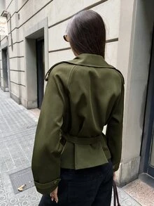 Aloruh 女款純色腰帶休閒法式優雅百搭日常通勤風衣外套 辦公旅行適用 棕色系 秋季 - 軍綠色 - 查看 2