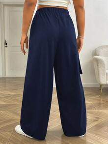 SHEIN EZwear 海軍藍直筒大尺碼女款工裝口袋休閒長褲 - 藏蓝色 - 查看 2