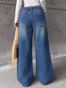 SHEIN Celana Jeans Anak Perempuan Gaya Kasual Y2K Biru Longgar dan Nyaman, Sederhana dan Mendasar - Biru - View 2