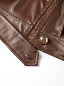 GlowEve CURVE Plus Size Women's Solid Color PU Leather Fashion Versatile Long Sleeve Jacket - Brown - View 4