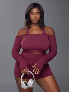 Voyena Women's Plus Size Solid Color Off-Shoulder Halter Neck Long Sleeve T-Shirt And Shorts Sports Set - Burgundy - View 1