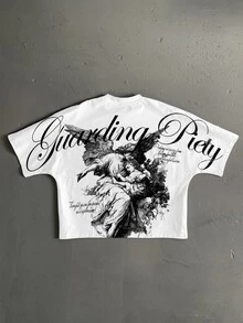 Salvezio 美式復古天使草寫英文字體排版時尚印花男士標準尺寸短版寬鬆蝙蝠袖短袖T恤 - 白色 - 查看 1