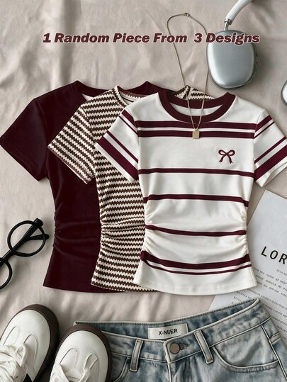 Teen Girls Casual Minimalist Fashion Classic Striped Bow Pattern, Round Neck Waist Ruched Fitted Short Sleeve T-Shirt, Suitable For Spring/Summer Versatile Style Y2k, Easy Comfort, Tops, Chill, Maillard Color