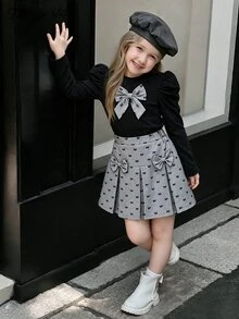 SHEIN Tween Girls Puff Long Sleeve Bow Top And Pleated Skirt Two Pieces Preppy Outfit Set - Multicolor - View 6