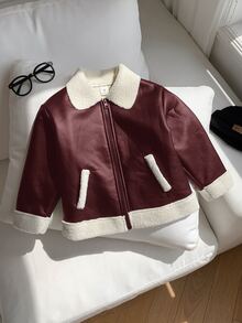 SHEIN 兒童小男孩加厚夾棉外套 冬季PU外套 抓絨加厚 秋冬衣款 拼接黑色皮革機車夾克 - 酒紅色 - 查看 3