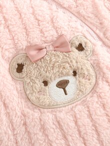 SHEIN 新生兒嬰兒貼花刺繡拉鍊舒適連帽居家休閒連身衣 - 粉色 - 查看 6