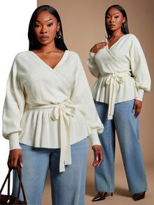 SHEIN SXY Plus Size Women's Solid Color V-Neck Knotted Waist Casual Versatile Long Sleeve Sweater - White - View 3