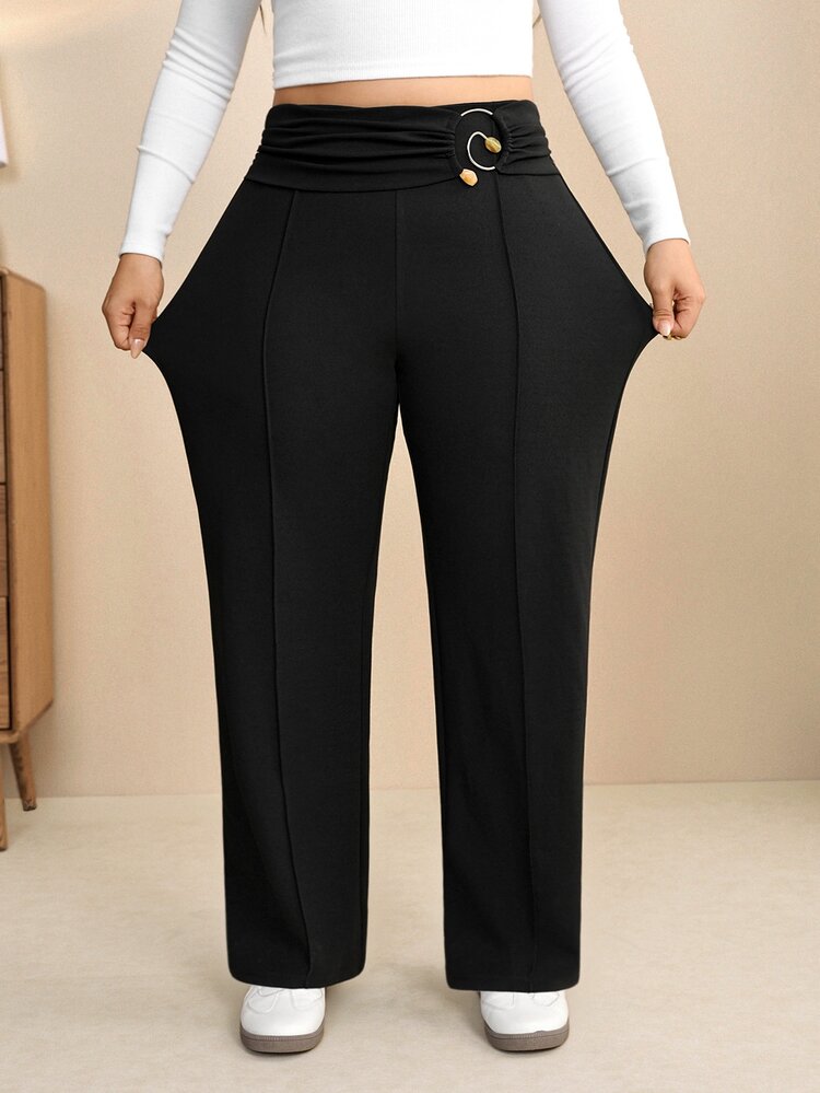 Edennvi Celana Panjang Wanita Ukuran Besar Musim Gugur/Dingin, Warna Hitam Polos, Bahan Elastis Bertekstur, Gaya Minimalis Kasual, Dekorasi Cincin Logam di Pinggang, Potongan Lurus, Cocok untuk Berbelanja, Bepergian, di Rumah, dan Serbaguna untuk Acara Sehari-hari. - Hitam - View 4