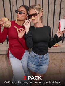 SHEIN EZwear Women's Solid Color Long-Sleeve Crew Neck T-Shirts With Ruched Side Drawstring & Asymmetric Hem (2-Pack) - Multicolor - View 10