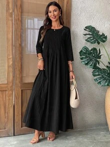 EMERY ROSE Women's Solid Color Round Neck Pleated Design Casual Boho Loose Long Dress Vacation Black Fall Vacation Vacation - Black - View 5