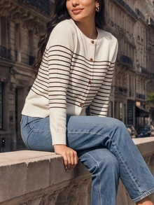 Juhart 1pc Women's Plus Size Round Neck Color Block Striped Long Sleeve Minimalist Fashion Urban Casual Knit Cardigan, Suitable For Daily Commute, Spring And Autumn - Apricot - View 3