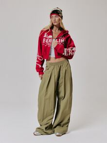 MUSERA Graphic Printed Zip Through Cropped Hoodie Cute Daily Vintage Y2K Back To School Primary - Red - View 3