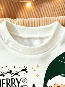 2件組男童聖誕衛衣套裝，深綠色與白色拼接聖誕老人印花，寬鬆版型長袖圓領，秋冬節日派對兒童服飾，萬聖節 - 彩色 - 查看 5