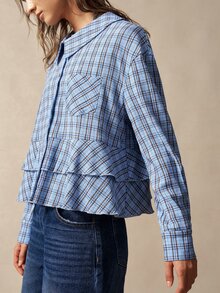 Bohemela Women's Plaid Long Sleeve Single-Breasted Pocket Ruffle Hem Casual Shirt - Blue - View 2