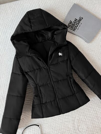 SHEIN Teen Girl Teen Girls Winter Coats New Autumn Black Solid Color Casual Junior Baggy Slim Fit Hooded Jacket With Small Logo Embroidery Back To School Season
