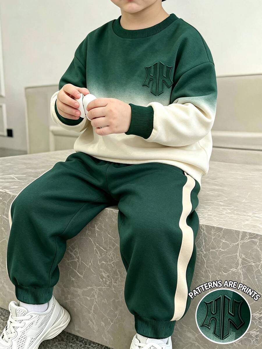 小男孩 2 件套休閒時尚 春/秋/冬 男童圓領運動衫與運動長褲套裝,酷炫漸層色滿版英文圖案,彈性柔軟面料,春/秋/冬男童套裝,休閒穿著,返校、派對,適合戶外野餐、街頭攝影、校園、假期、禮物使用 - 墨綠色 - 查看 1