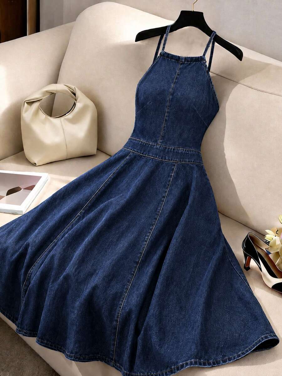 SHEIN Essnce 女款休閒日常穿著夏季細肩帶牛仔洋裝 - 深色水洗藍 - 查看 1