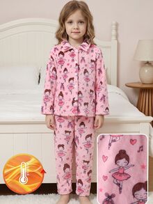 Girls Pink Fleece Bow & Heart Pattern Lapel Front Button Long Sleeve Pants Pajama Set - Multicolor - View 7