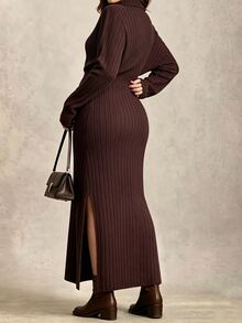 Linhara CURVE Autumn/Winter Plus Size Ribbed Knit Long Dress, Turn-Down Collar, Side Slits, Slimming Long Sleeve Polo Dress - Brown - View 2